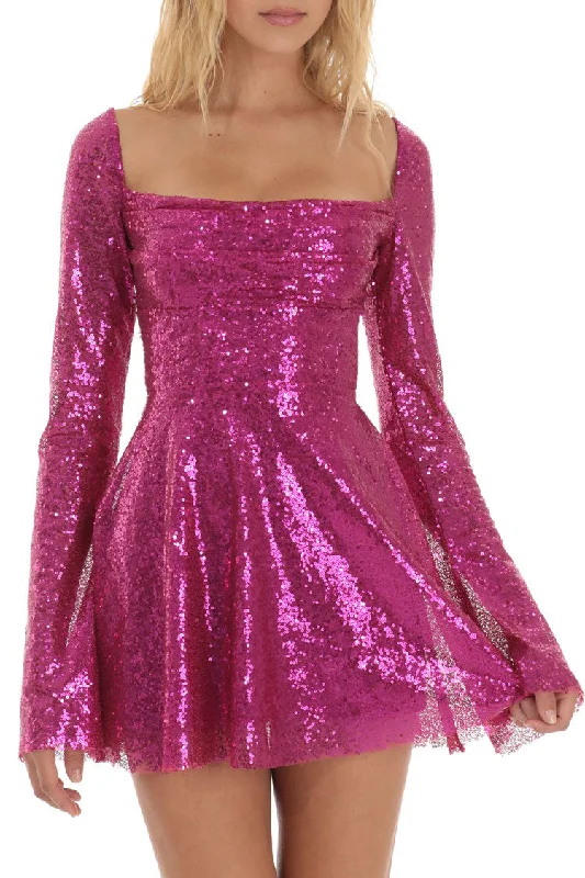 Soft Looks Sparkly Sequin Pleated Square Neck Bell Sleeve Skater Party Mini Dress - Hot Pink