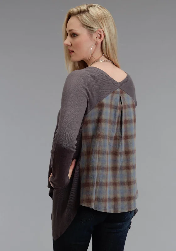 Minimalism Stetson Plaid Peasant Top Ladies Grey Cotton Blend L/S Blouse