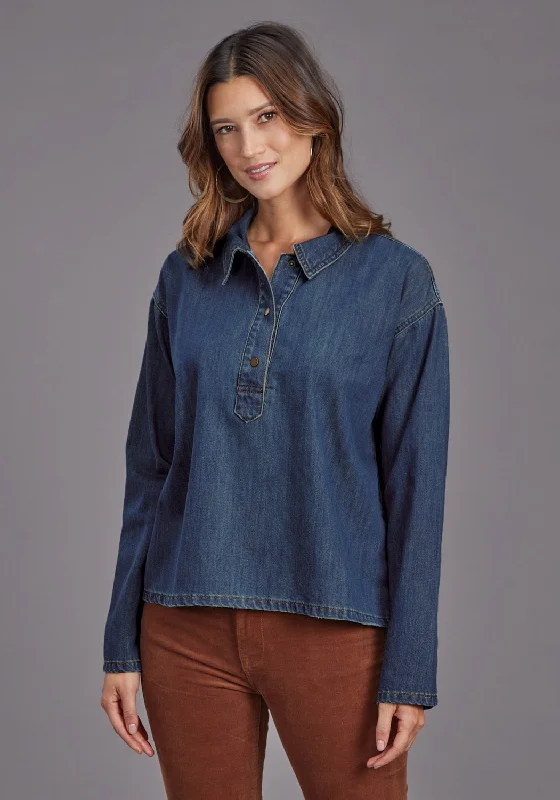 Elegant Wear Stetson Womens Fold Down Collar Dark Blue 100% Cotton L/S Tunic