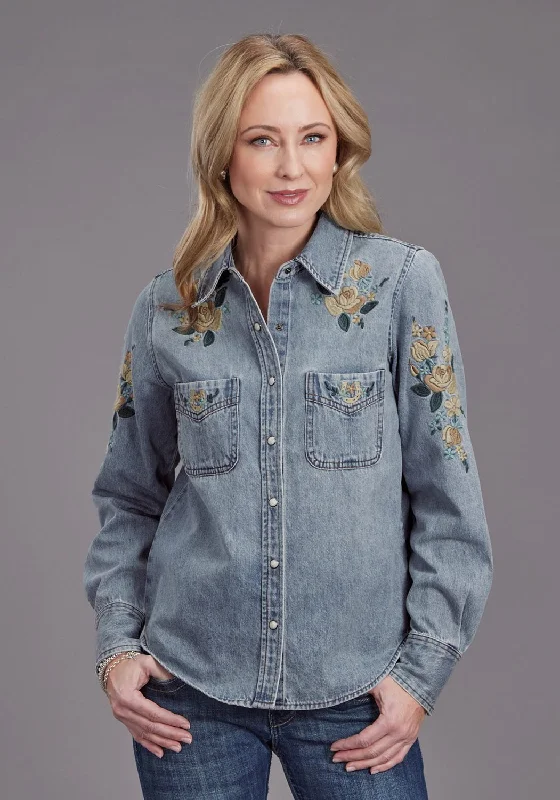 Creative Prints Stetson Womens Loose Fitting Light Denim 100% Cotton L/S Blouse