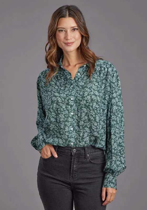 Practical Style Stetson Womens Lucky Littl Floral Green 100% Rayon Button L/S Blouse