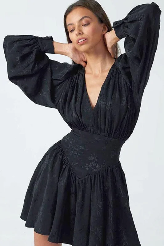 High-end Wear Swingy Floral Jacquard Fit & Flare Long Sleeve Mini Dress - Black