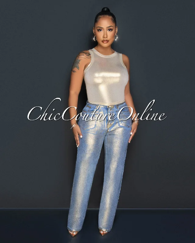 Fashion Concept Tamarah Denim Gold Foil Wide Jeans