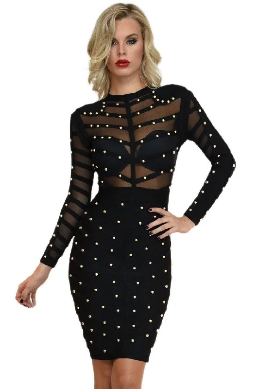 Celebrity Style Trendy Studded Long Sleeve Mesh Bandage Cocktail Party Midi Dress - Black