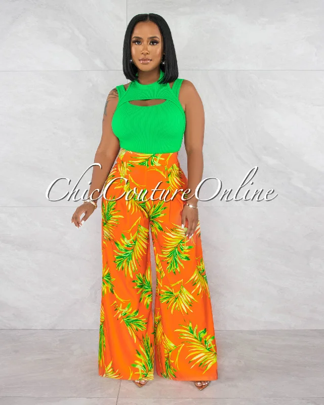 Cozy Vibes Valda Orange Green Leaf Print Pleated Wide Pants