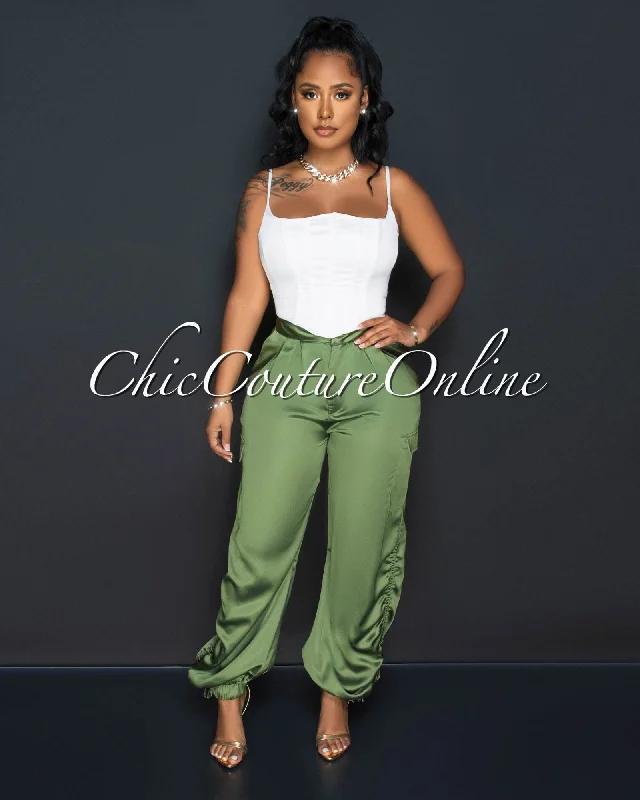 Soft Fashion Valerie Olive Green Silky Ruched Cargo Pants