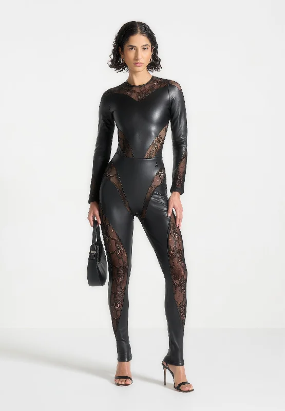 Simple Matching Leather and Lace Contour Leggings - Black
