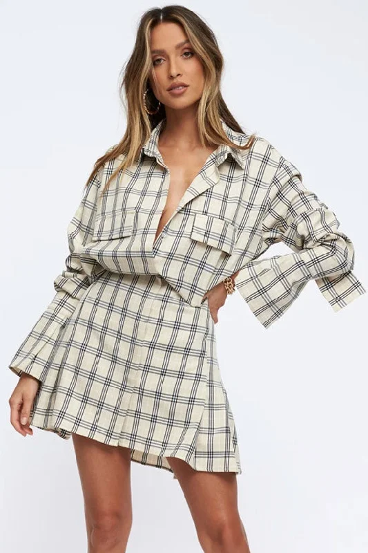 Casual Elegance Vintage Plaid Print Long Sleeve Button Down Mini Shirt Dress - Khaki
