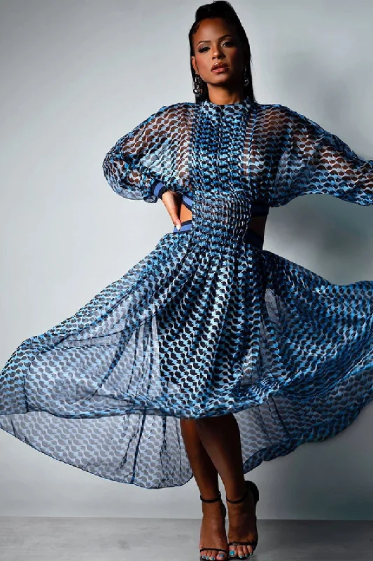 High Street Series Wave Print Cutout Long Sleeve High Neck Pleated Maxi Dress - Blue