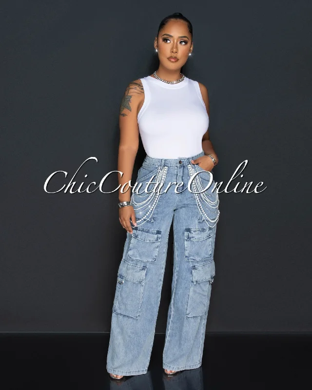 Trendy Items Zana Light Denim Pearl Fringe Wide Cargo Jeans