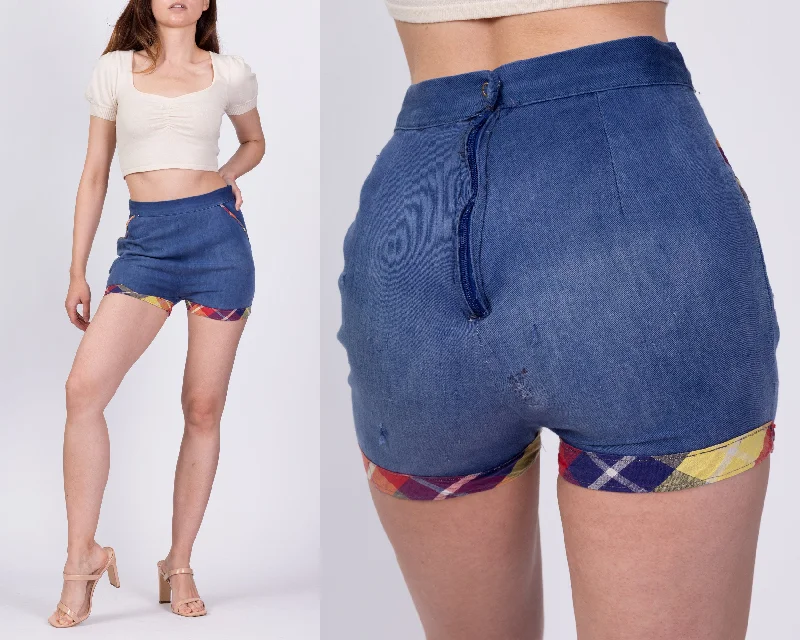 Elegant Tailoring 50s 60s Plaid Trim Jean Pinup Shorts - Extra Small, 25"