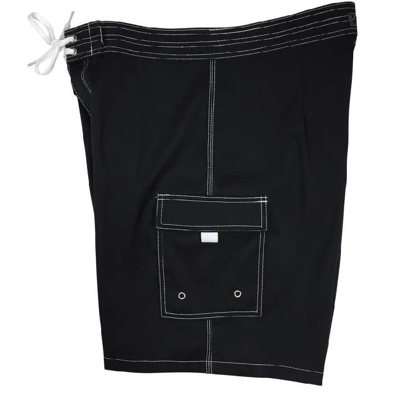 Renaissance Style "A Solid Color" Mens Board Shorts - 19.5" Outseam / 7" Inseam (Black+White Stitching)