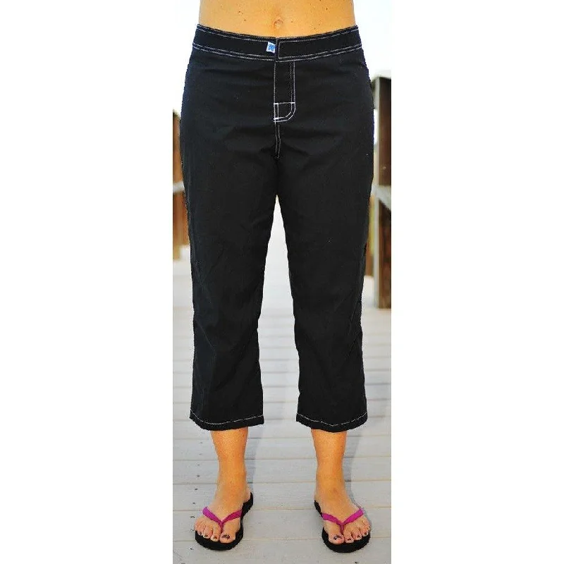 Cool Style "A Solid Color" Womens Board (Swim) Capris - NON Elastic Waist + Regular Rise + 23" Inseam (Black+White Stitching) Cool Style "A Solid Color" Womens Board (Swim) Capris - NON Elastic Waist + Regular Rise + 23" Inseam (Black+White Stitching)