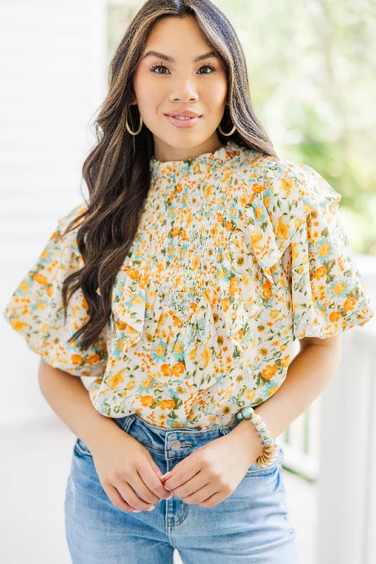 Wearable At Home Or Out All The Fun Yellow Ditsy Floral Blouse