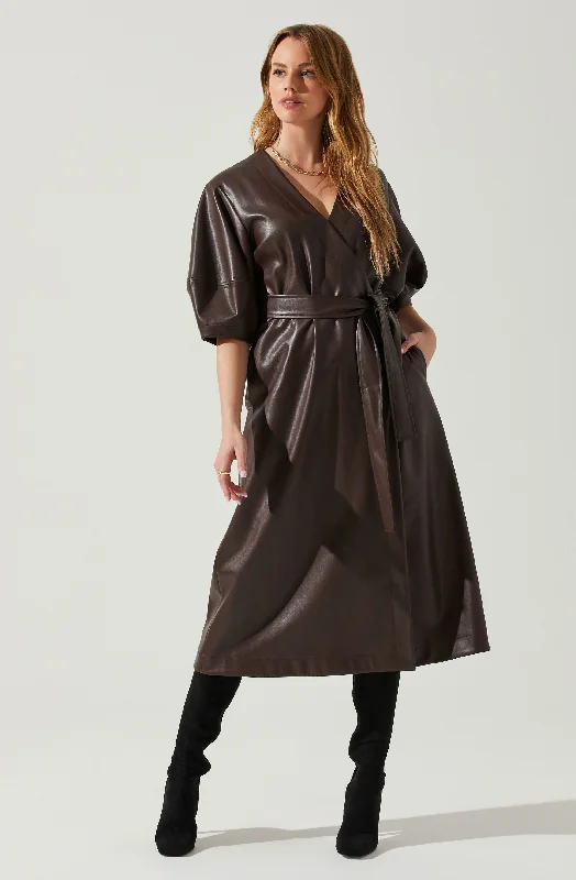 Lively And Youthful Angie Faux Leather Tie Waist Midi Dress