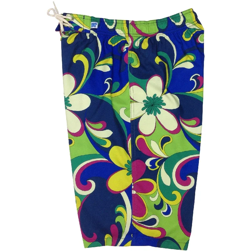 "Art Fest" Womens Elastic Waist Swim Board Shorts.  HIGH Rise + 11" Inseam