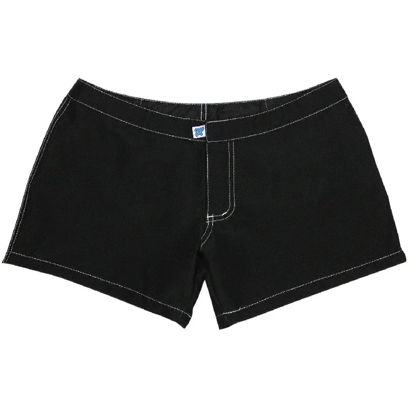 Comfortable Design A Solid Color Womens Board/Swim Shorts - 4" inseam (Black+White Stitch)