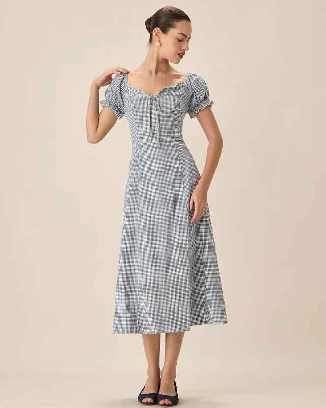 Letter embroidery Blue Plaid Sweetheart Neck Midi Dress