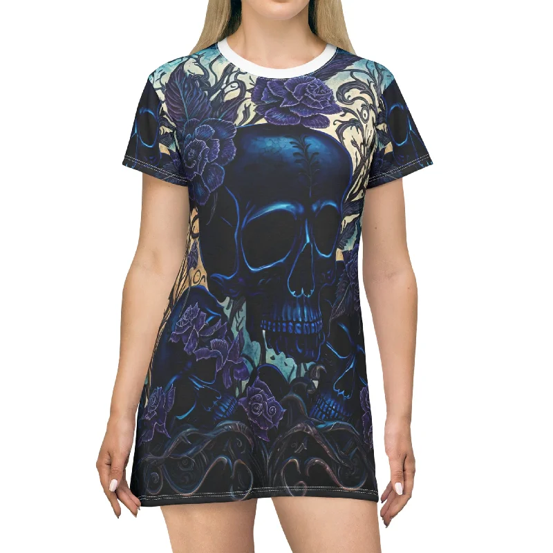 Blue Skull & Flowers Short Sleeve T-Shirt Dress