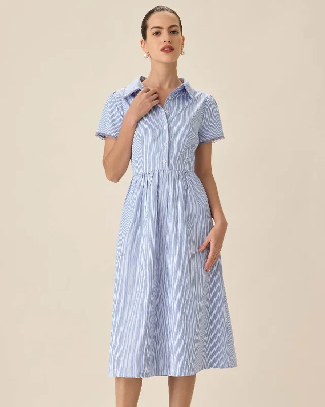 Elegant And Noble Blue Striped Button Midi Dress