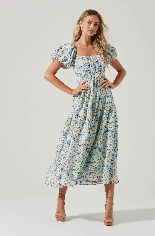 Comfortable And Cold-proof Bubble Sleeve Floral Tiered Midi Dress
