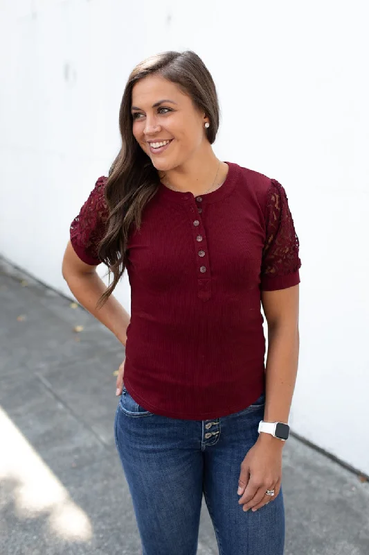 High-end Fabrics Burgundy Henley Lace SS Top (SM-3X)