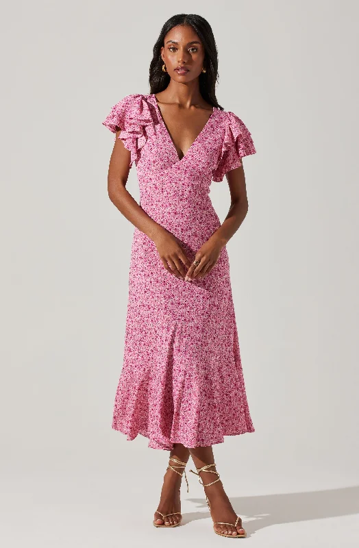 Avant-garde Design Celestine Floral Flutter Sleeve Midi Dress