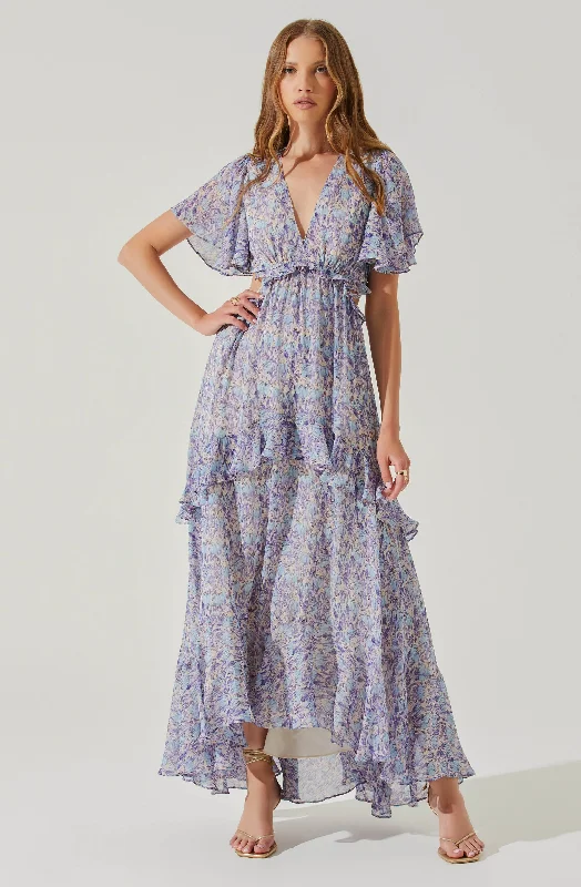Personalized Design Cherli Floral Lace Up Tiered Ruffle Midi Dress
