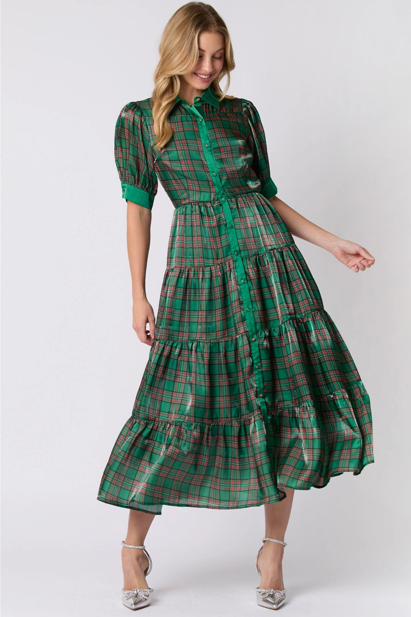 Retro Design Christmas Plaid Print Silky Organza Midi