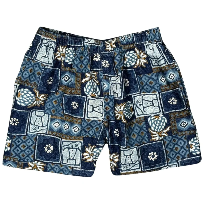 Simple And Comfortable "Colada Collage" SHORT 100% Cotton Beach Shorts (Blue) 4.5" Inseam / approx.  17" Outseam