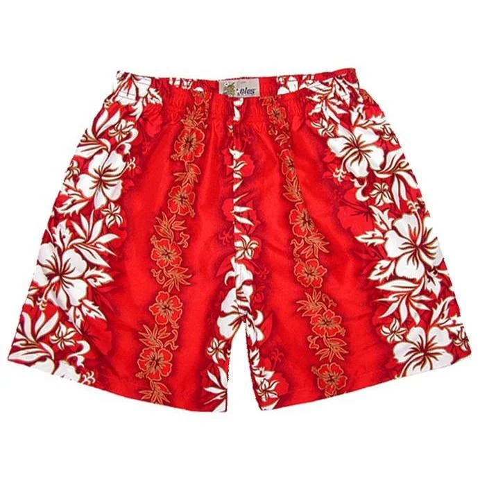 Floral Prints "Conga Line" Mens (6.5" Inseam / 19" Outseam) Swim Trunks (Red)