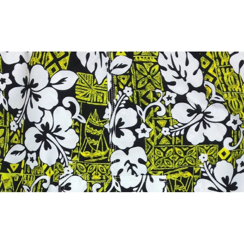 Alice style Elastic Waist Swim Trunks with Mesh Liner "Tiki Village" (Chartreuse) CUSTOM Alice style Elastic Waist Swim Trunks with Mesh Liner "Tiki Village" (Chartreuse) CUSTOM