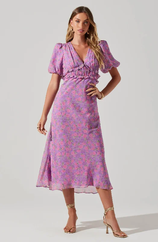 Exquisite Craftsmanship Esperanza Floral Puff Sleeve Midi Dress