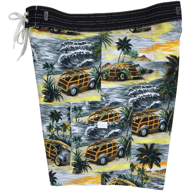 Slim Fit **Fixed (Non Elastic) Waist Board Shorts "Getaway Car" (Charcoal) Print Mens CUSTOM Slim Fit **Fixed (Non Elastic) Waist Board Shorts "Getaway Car" (Charcoal) Print Mens CUSTOM