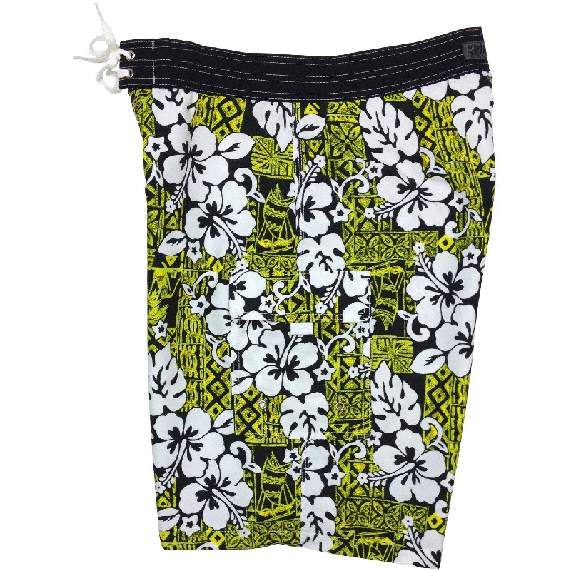 Multi-functional style **Fixed (Non Elastic) Waist Board Shorts "Tiki Village" (Chartreuse) Print Mens CUSTOM Multi-functional style **Fixed (Non Elastic) Waist Board Shorts "Tiki Village" (Chartreuse) Print Mens CUSTOM