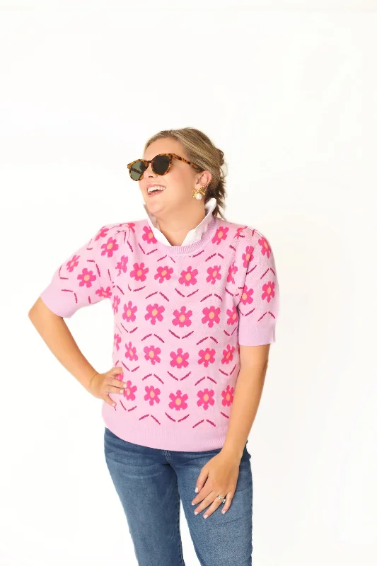 Bright Colors Floral Crew Neck Sweater - Orchid