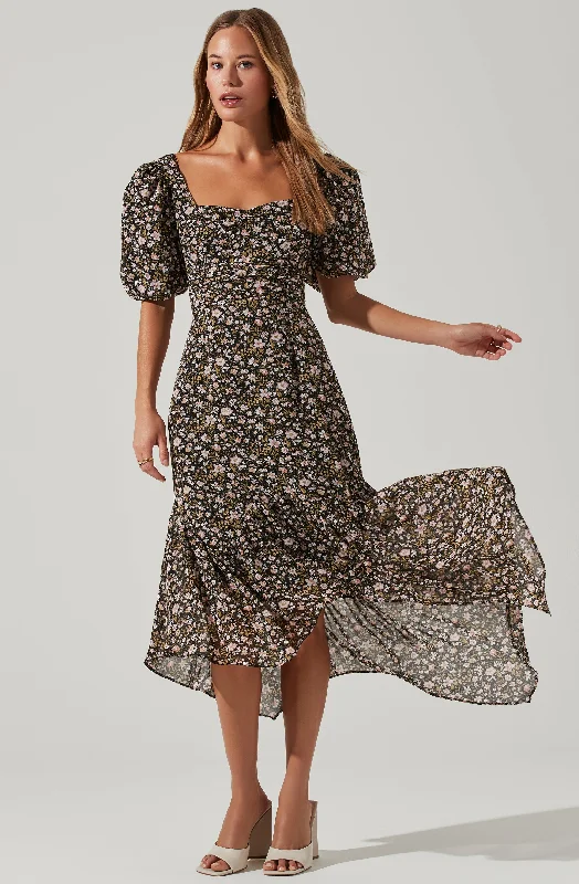 Must-have For Fashion Floral Short Sleeve Asymmetrical Hem Midi Dress