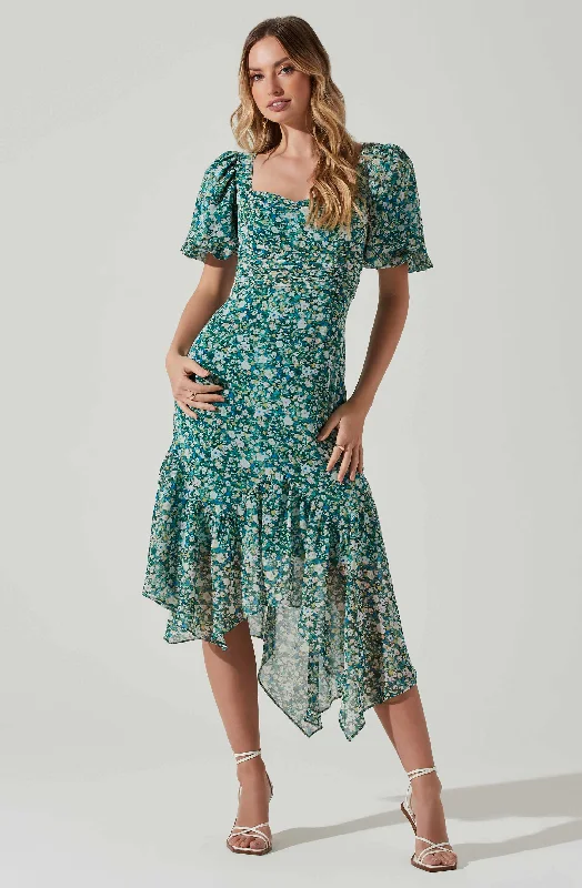Classic Color Floral Short Sleeve Asymmetrical Hem Midi Dress