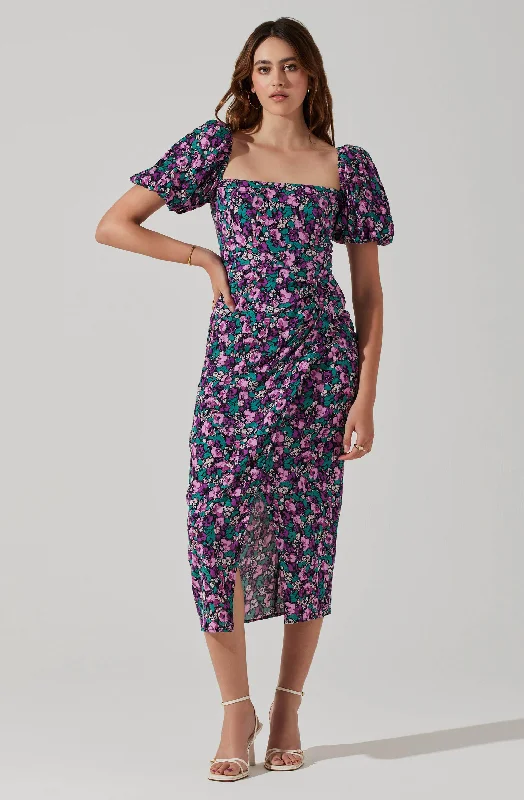 Fashionable Inner Wear Floral Square Neck Slit Front Midi Dress