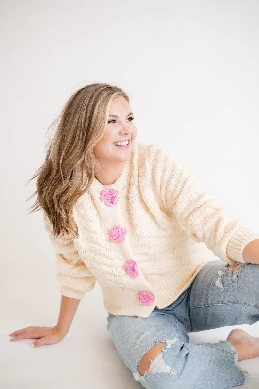 Body Design Flower Button Point Knit Cardigan - Ivory