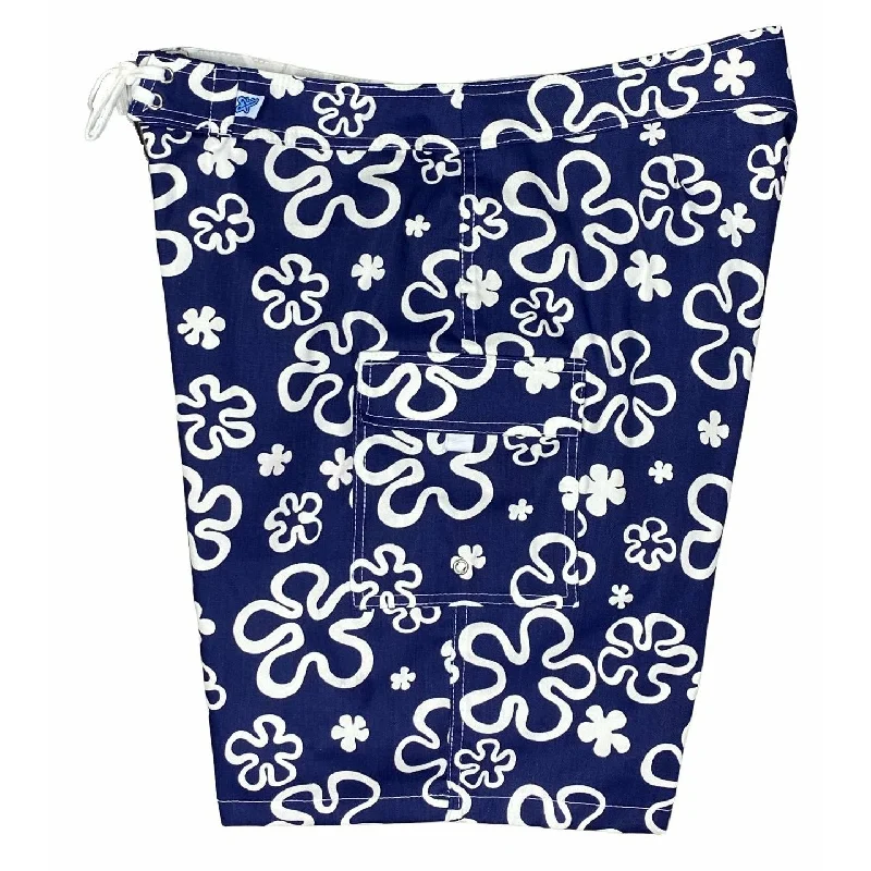 Soft Looks "Flower Power" Womens 100% Cotton Canvas Board Shorts - Regular Rise / 10.5" Inseam (Blue) Soft Looks "Flower Power" Womens 100% Cotton Canvas Board Shorts - Regular Rise / 10.5" Inseam (Blue)