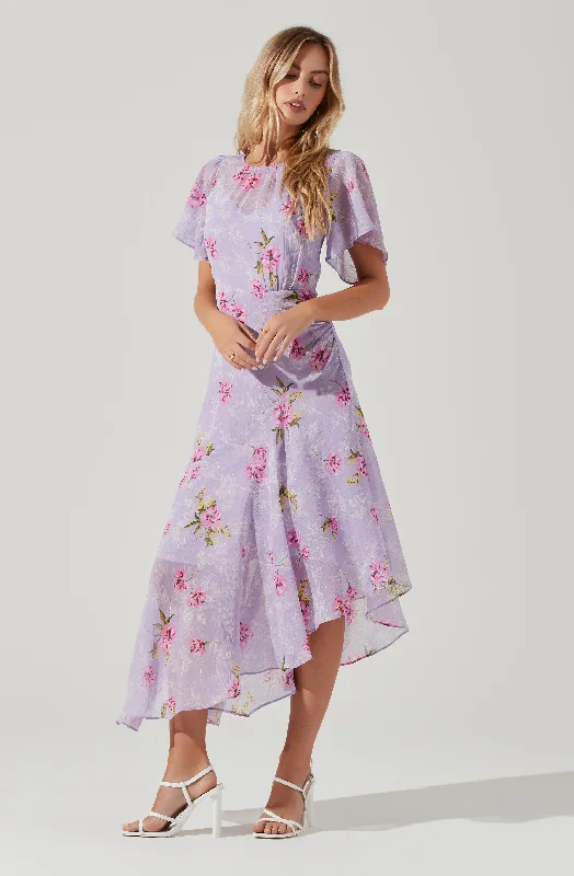 Perfect Tailoring Flutter Sleeve Asymmetrical Floral Maxi Dress