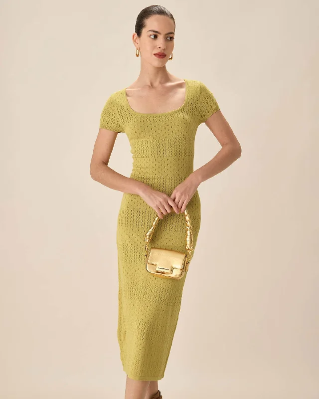 Relaxed And Casual Green Square Neck Bodycon Midi Dress