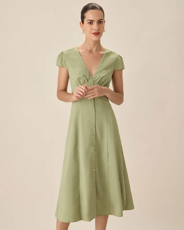 Romantic And Fresh Green V-Neck Button Midi Dress