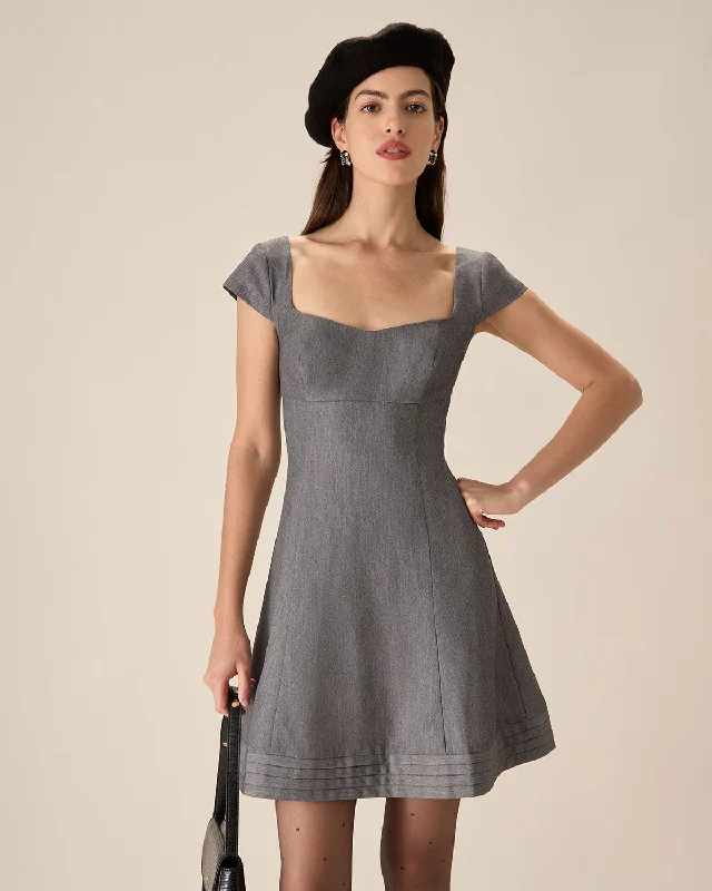 Comfortable and simple Grey Square Neck A-line Mini Dress
