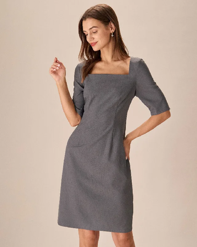 New Products Grey Square Neck Slit Midi Dress