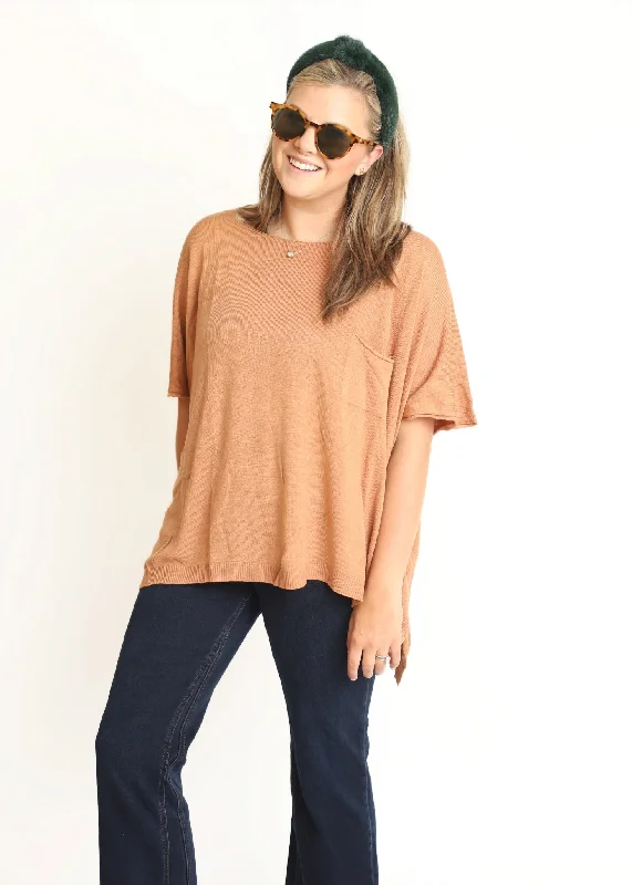 Exquisite Tailoring Italian Modal Drapery Pocket T-Shirt - Camel