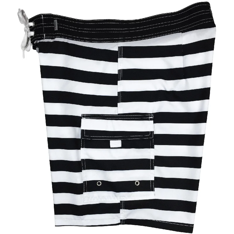 Sports Tights "Jail Bird" Mens Board Shorts w/ Dual Cargo Pockets. 17.5" Outseam / 5" Inseam (Black+White) Sports Tights "Jail Bird" Mens Board Shorts w/ Dual Cargo Pockets. 17.5" Outseam / 5" Inseam (Black+White)