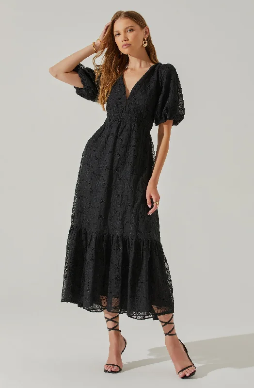 New Products Jaxine Eyelet Puff Sleeve Open Back Midi Dress