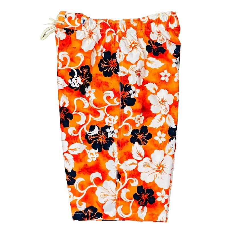 College Style "Jungle Boogie" Womens Elastic Waist Swim Board Shorts. REGULAR Rise + 11" Inseam (Orange)